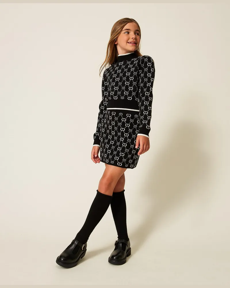 Twin-Set Pullover und Rock aus Jacquard mit Oval Ts, Schwarz / Micro Logo Off White, Größe Schwarz