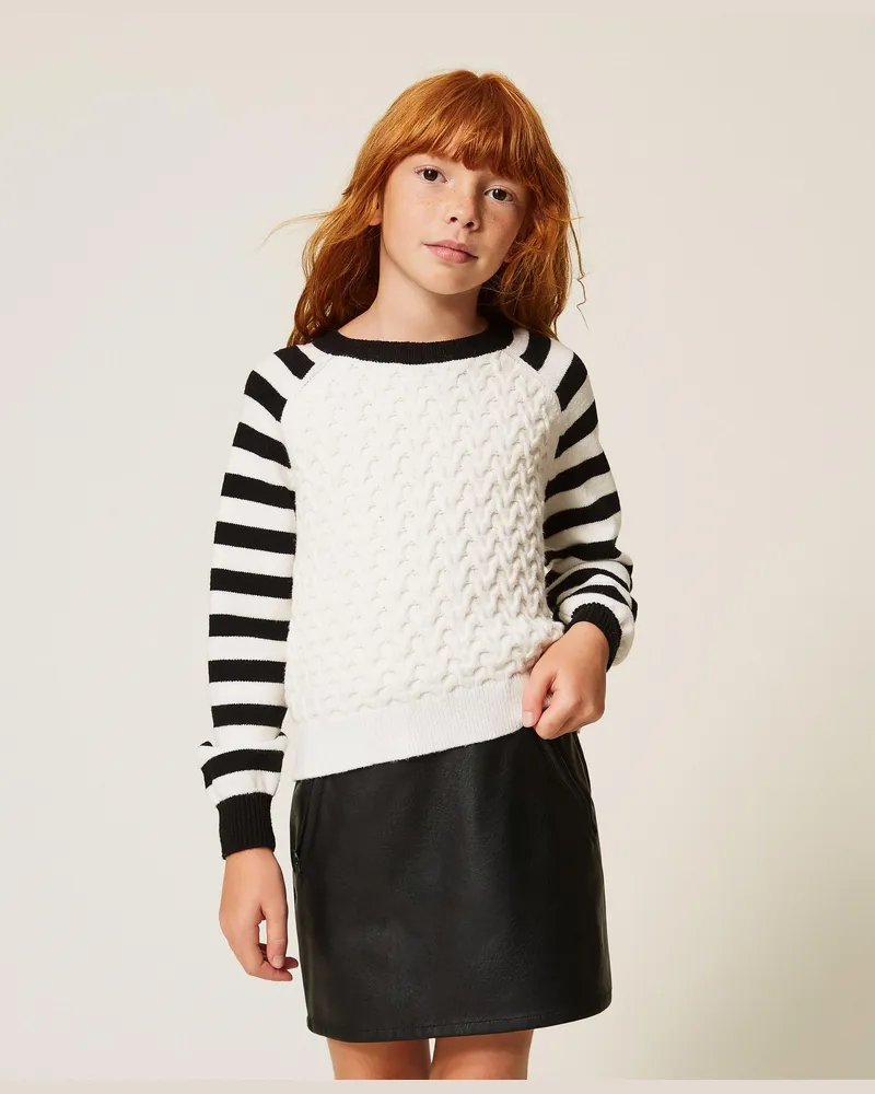 Twin-Set Pullover mit gestreiften Ärmeln, Damen, "Schneeweiß" / Streifen Schwarz Schneeweiß