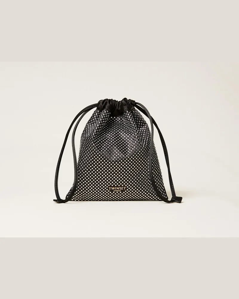 Twin-Set Pouch-Bag aus Satin mit Strass Schwarz