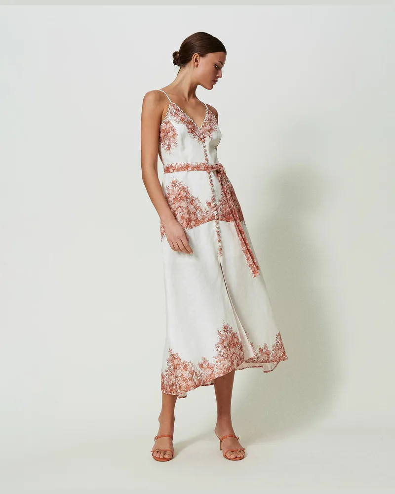 Twin-Set Kleider - Midikleid aus Leinen mit Blumenprint, Print Toile de Jouy Schnee / Papaya, Größe Print