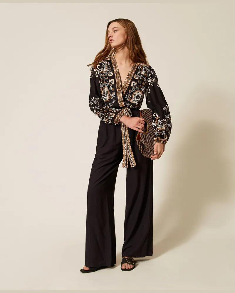 Twin-Set Bademode - Jumpsuit aus Leinenmischung mit Printmotiv, Print Foulard Schwarz, Größe Print
