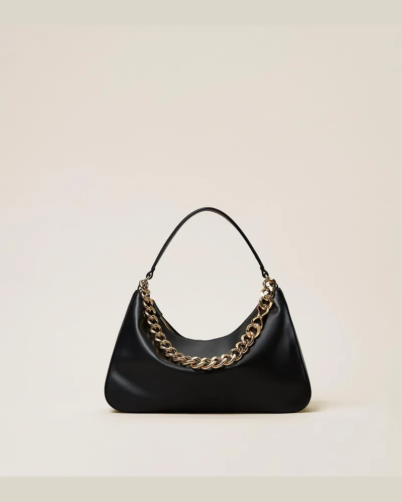 Twin-Set Mittelgroße Tasche 'Liliane' aus Leder, Damen, Schwarz / Gold Schwarz