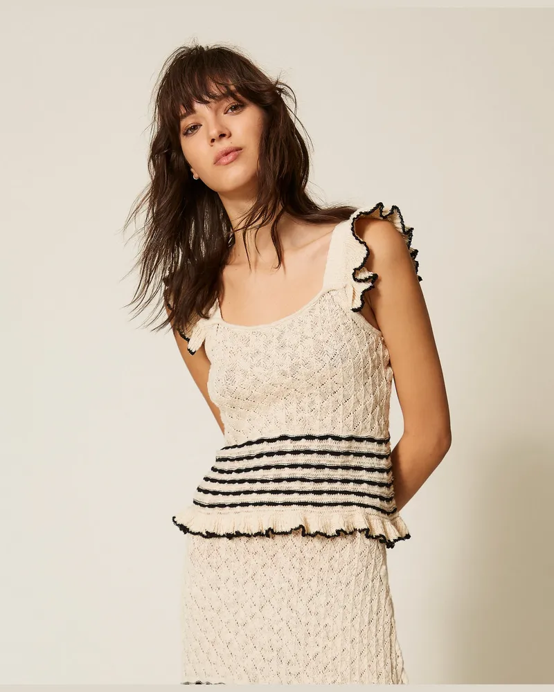 Twin-Set Bademode - Pullover mit Streifenmuster und Volant, Zweifarbig „Pergament"-Jacquard-Weiß/Schwarz, Baumwolle, Größe Zweifarbig