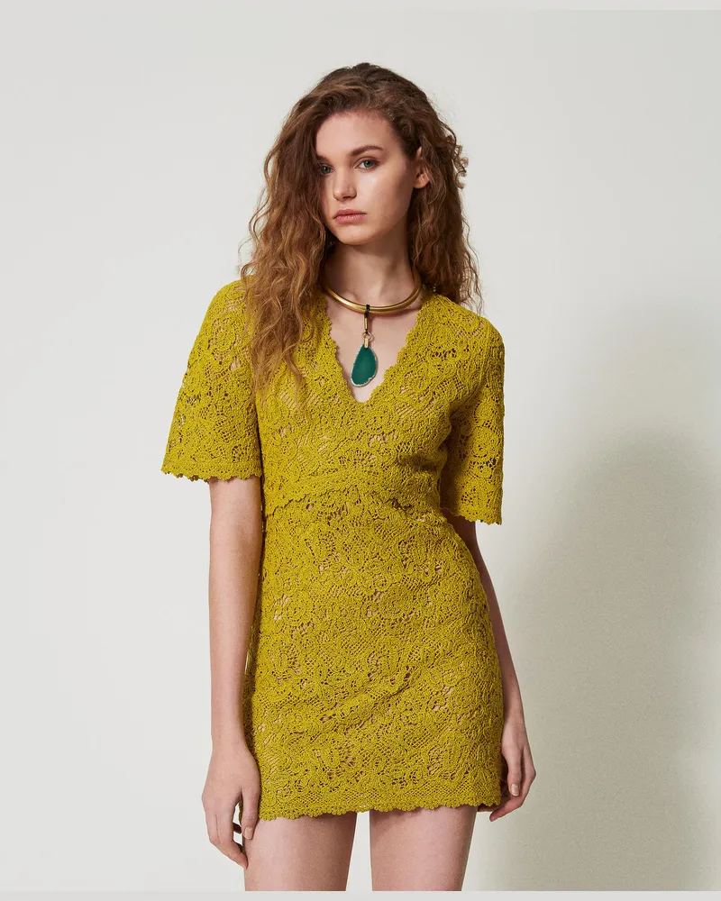 Twin-Set Kleider - Kurzes Kleid in Häkeloptik, „Passion Fruit"-Gelb, Baumwolle, Größe „passion