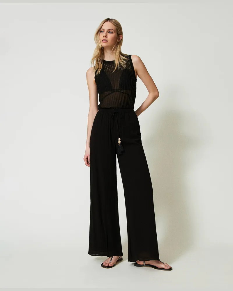 Twin-Set Bademode - Palazzohose aus Krepon, Schwarz, Größe: M 