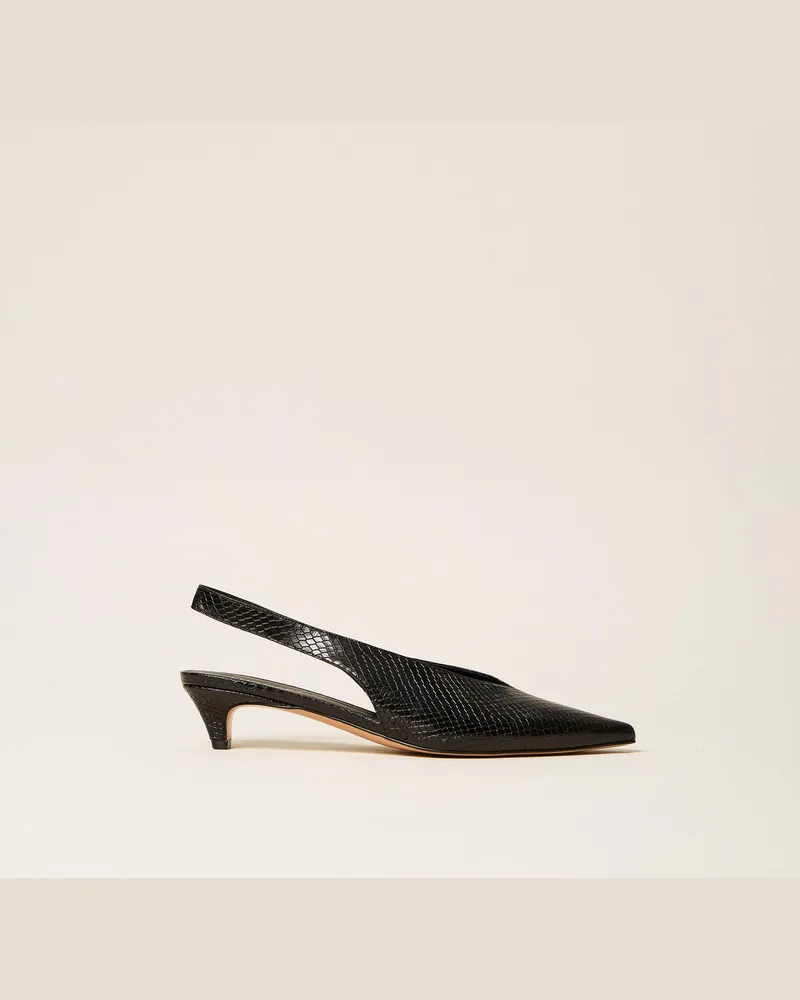 Twin-Set Slingback-Pumps aus Leder, Damen, Pythonprint Schwarz Pythonprint