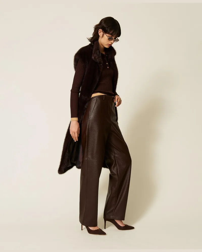 Actitude by Twinset Weit geschnittene Hose in Lederoptik Chocolate