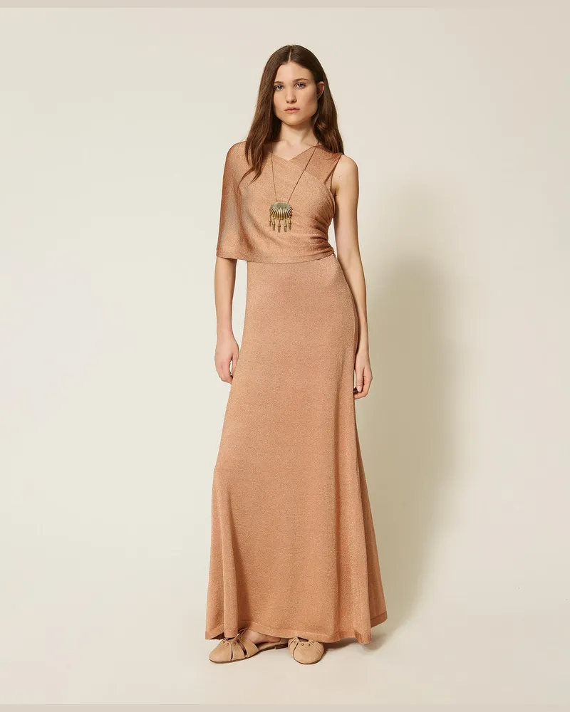 Twin-Set Kleider - Langes Strickkleid mit Lurex, Pearl Rose Dunkel Lurex, Größe Pearl