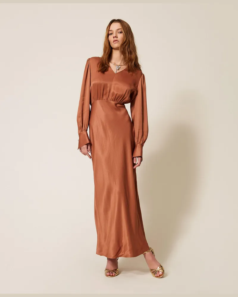 Twin-Set Kleider - Langes Kleid aus Satin, „Mocha Mousse"-Braun, Größe „mocha