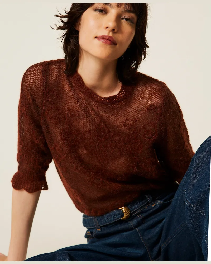Twin-Set Jacquardpullover aus Alpakamischung, Damen, "Cherry Wood-Braun Cherry