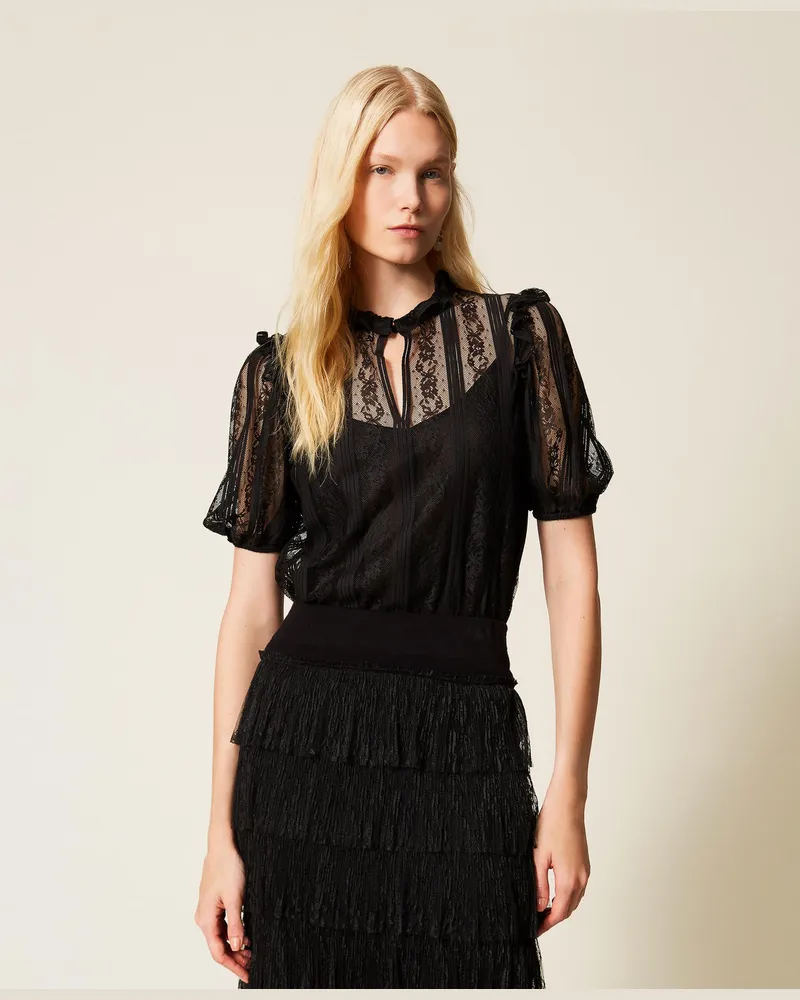 Twin-Set Blusen - Bluse aus Spitze im Streifen-Dessin, Schwarz, Größe Schwarz