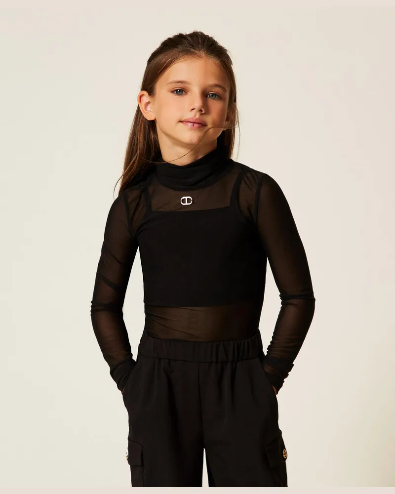 Twin-Set Tops - Tülloberteil mit Logo, Schwarz, Größe: 8A 