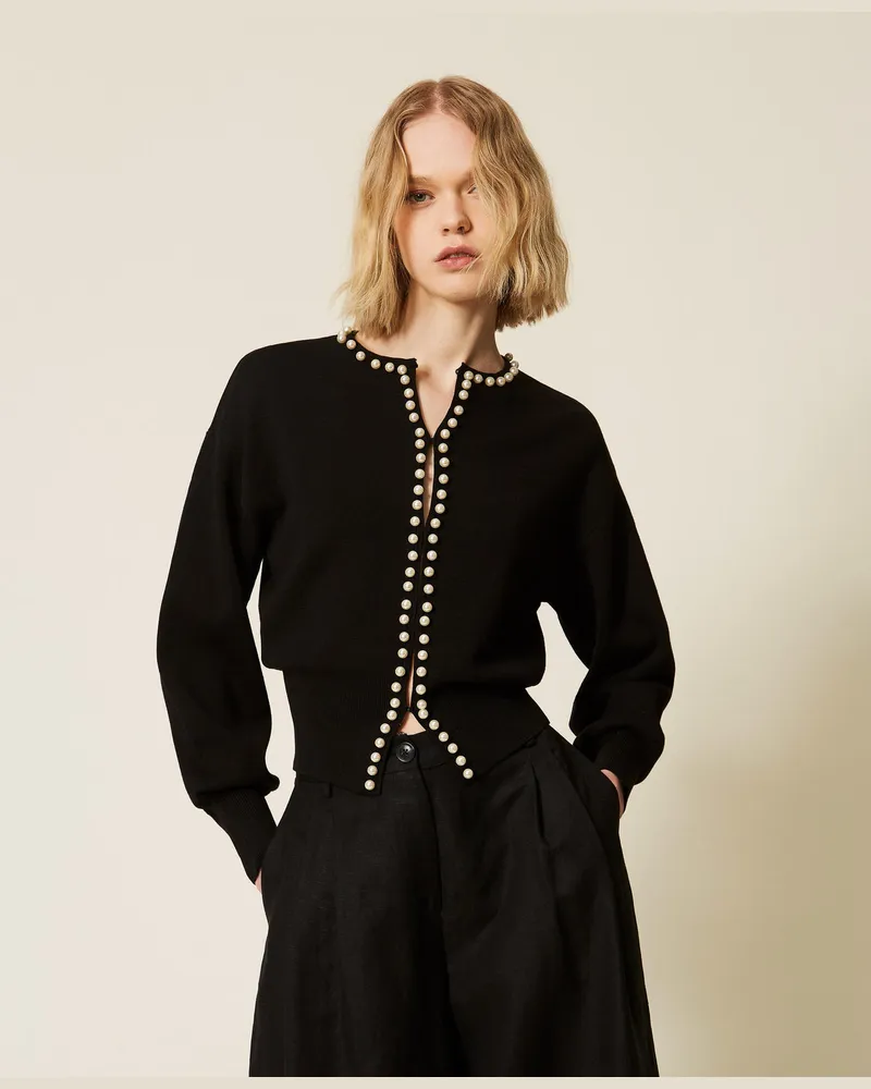 Twin-Set Cardigans - Cardigan mit Perlenstickerei, Schwarz, Größe Schwarz