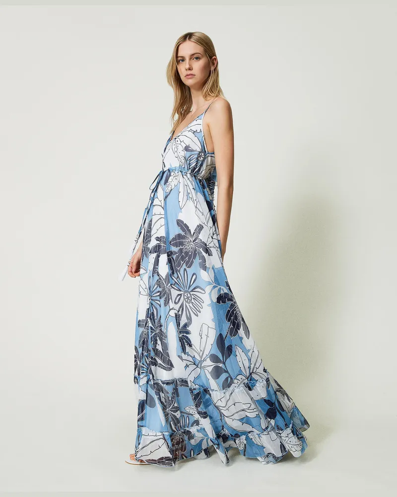 Twin-Set Bademode - Maxikleid aus bedrucktem Krepon, Print Exotic Kornblume, Mit Blumen, Größe: L 
