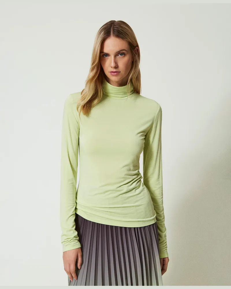 Twin-Set T-Shirts - T-Shirt mit Rollkragen und Sticklogo, „Soft Lime"-Grün, Jersey, Größe: XS 