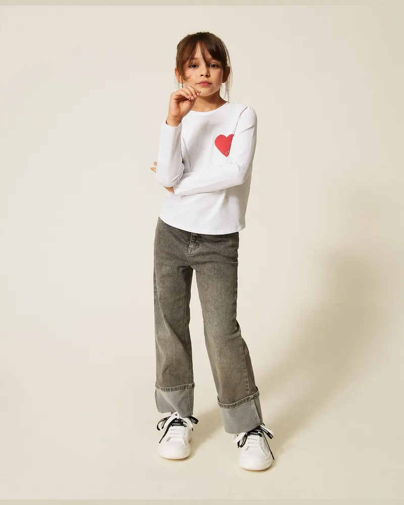 Twin-Set T-Shirt in Regular-Fit mit Herz, Damen, Off White Herz Magenta Off