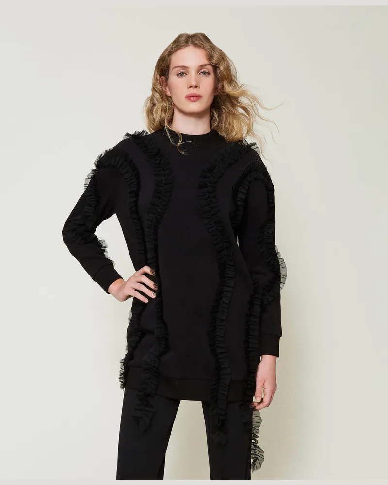 Twin-Set Sweatshirts und -jacken - Maxisweatshirt mit Tüllvolants, Schwarz, Größe: M 
