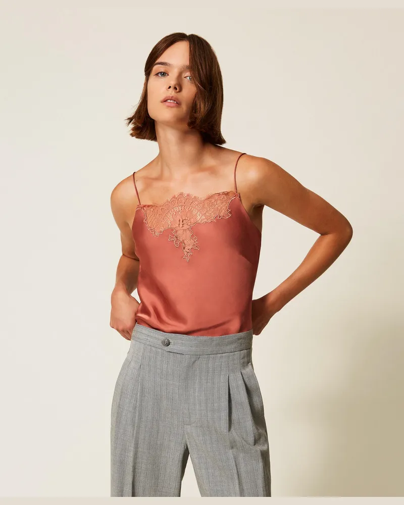 Twin-Set Tops - Top aus Satin und Spitze, Rostbraun, Größe: 50 