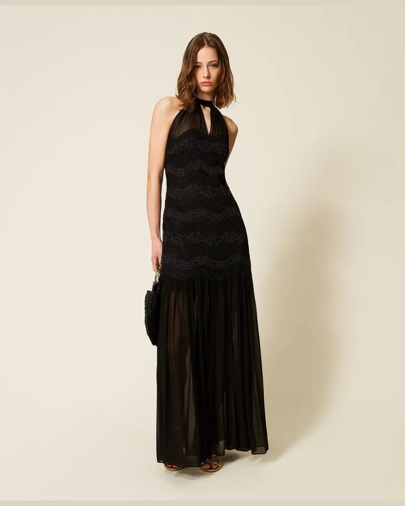 Twin-Set Kleider - Langes Kleid aus Makramee-Spitze und Georgette, Schwarz, Größe Schwarz