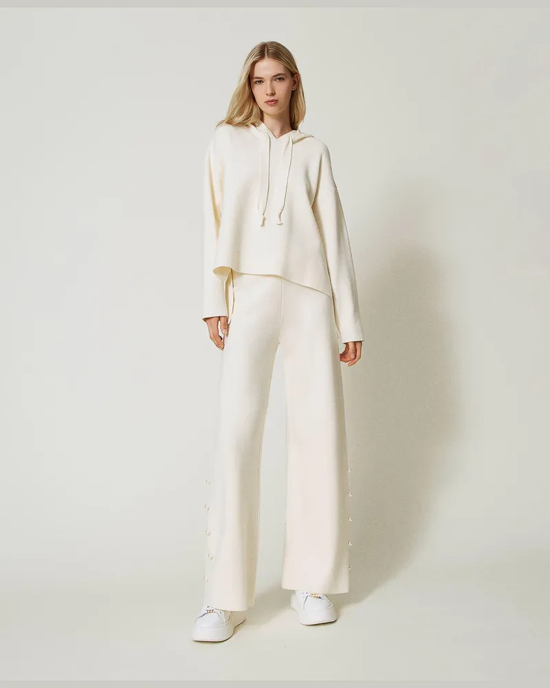 Actitude by Twinset Hosen - Wide-Leg-Strickhose mit Perlen, Weiß Antique White, Größe Weiß