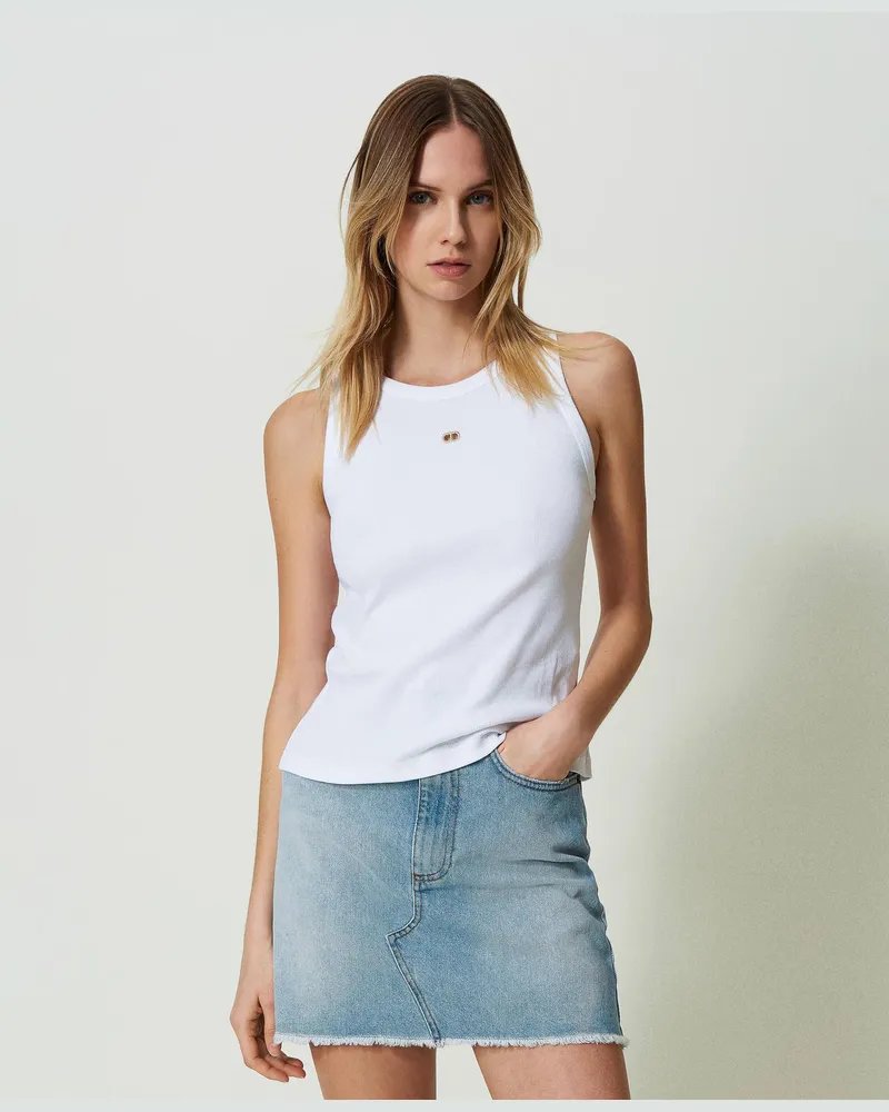 Twin-Set Tops - Geripptes Stricktop mit Oval T, Weiß, Baumwolle, Größe: XXL 