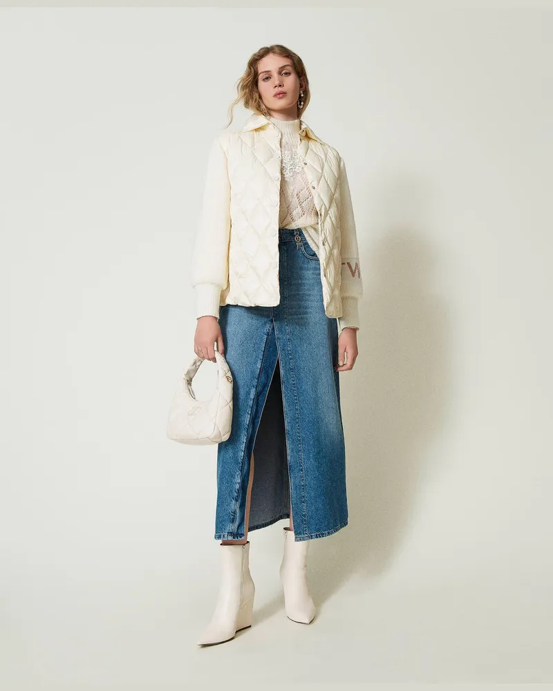 Twin-Set Jacken und Outerwear - Steppjacke mit Strickärmeln, „Old White", Größe „old