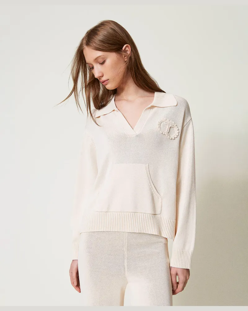 Twin-Set Pullover aus Baumwollmischung mit Häkelpatch, Light Natural, Größe: XXL 