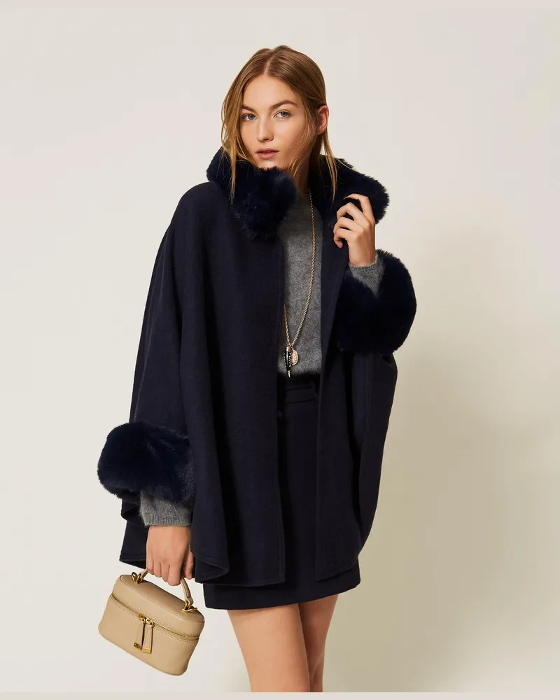 Twin-Set Poncho aus Tuch mit Kunstpelz, Damen, Klassisches Blau Klassisches