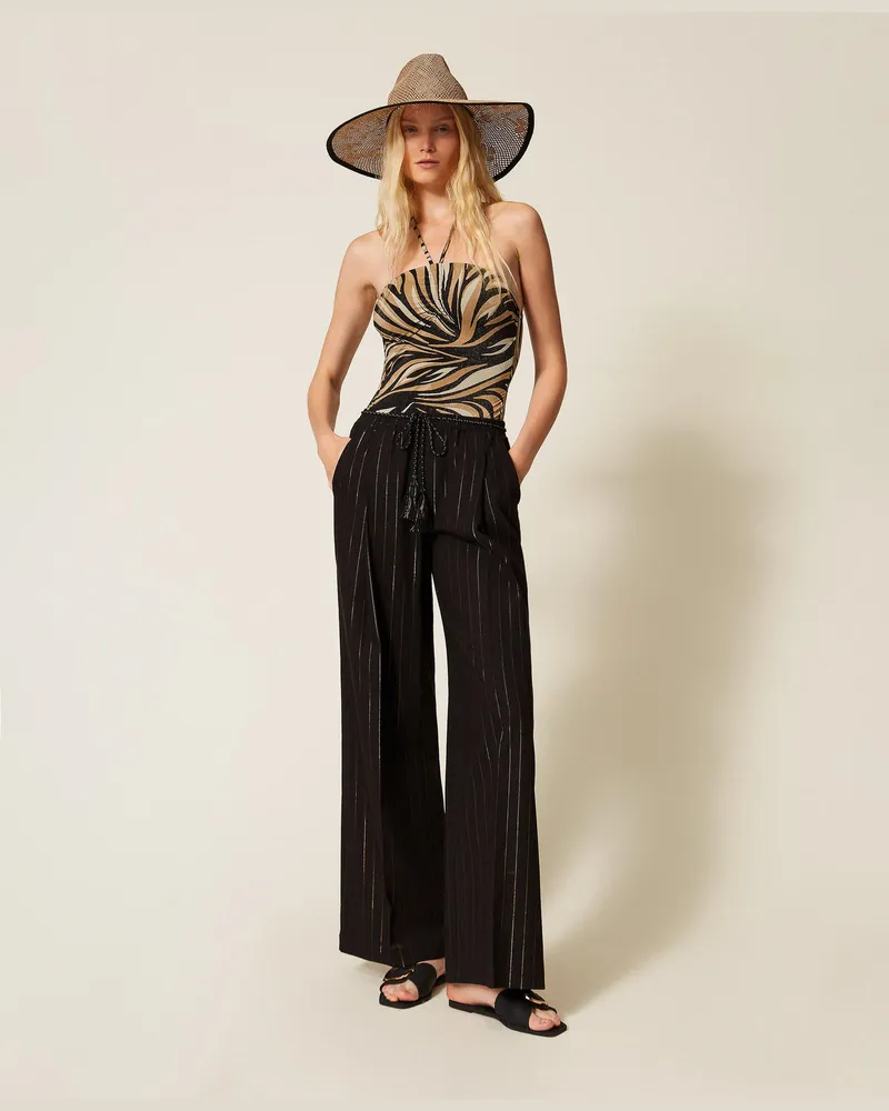 Twin-Set Bademode - Weite Hose im Streifen-Dessin mit Lurex, Schwarz, Gestreift, Größe Schwarz