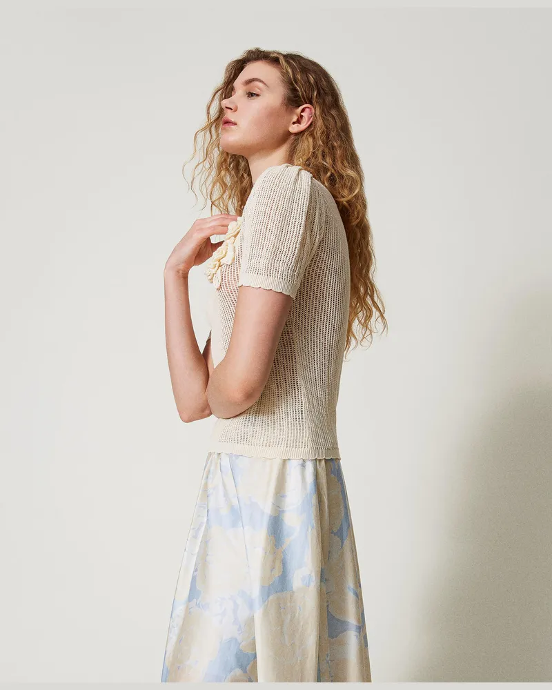 Twin-Set Netzpullover mit gehäkelten Blumen, Elfenbein, Baumwolle, Größe: XS 