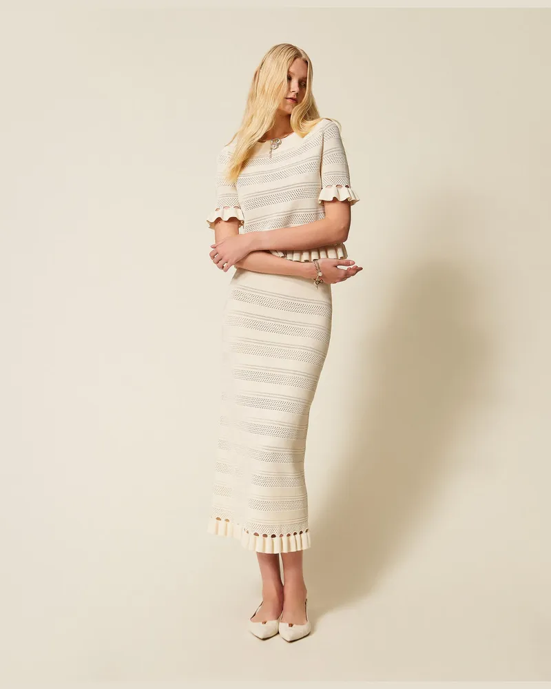 Twin-Set Röcke - Midi-Strickrock mit Volant, Perlmutt, Größe Perlmutt