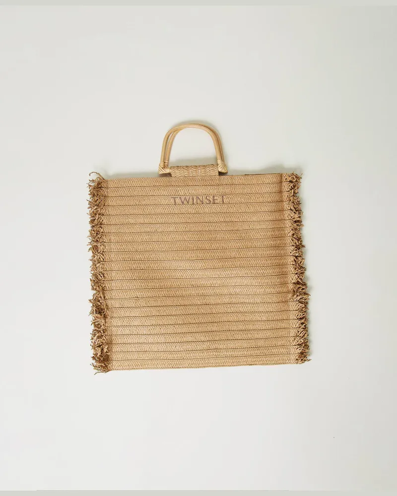 Twin-Set Bademode - Shopper aus Strohimitat mit Fransen, Natural Beige, Einheitsgröße 