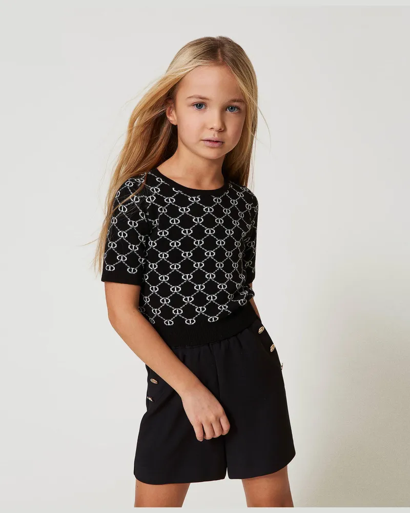 Twin-Set Rundhalspullover mit „Oval T"-Jacquarddessin, Zweifarbig Schwarz / Eisweiß, Größe: 8A 