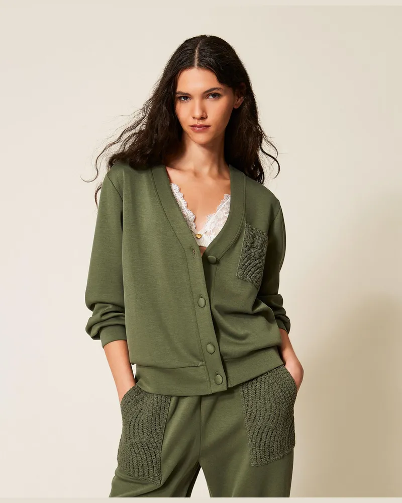 Twin-Set Cardigans - Cardigan aus Scuba-Gewebe mit Häkelarbeit, „Thyme"-Grün, Größe „thyme“-grün