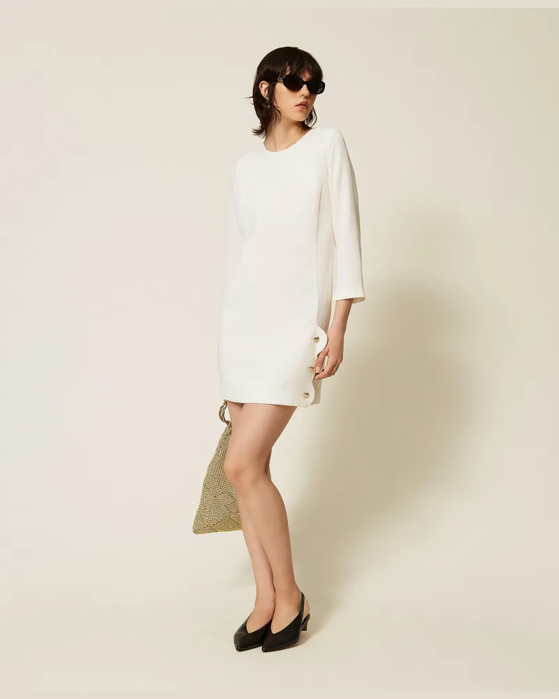 Twin-Set Kurzes Kleid aus Crêpe mit Herzknopf, Damen, Perlmutt Perlmutt