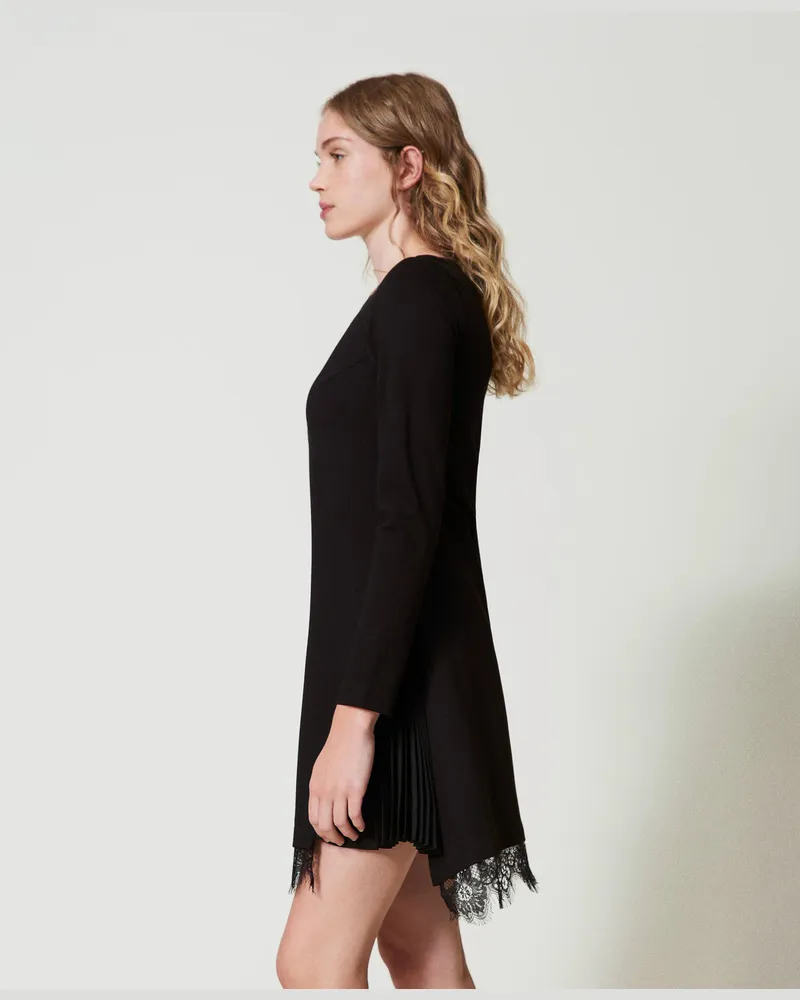 Twin-Set Kleider - Kurzes Kleid mit Spitze, Schwarz, Größe Schwarz