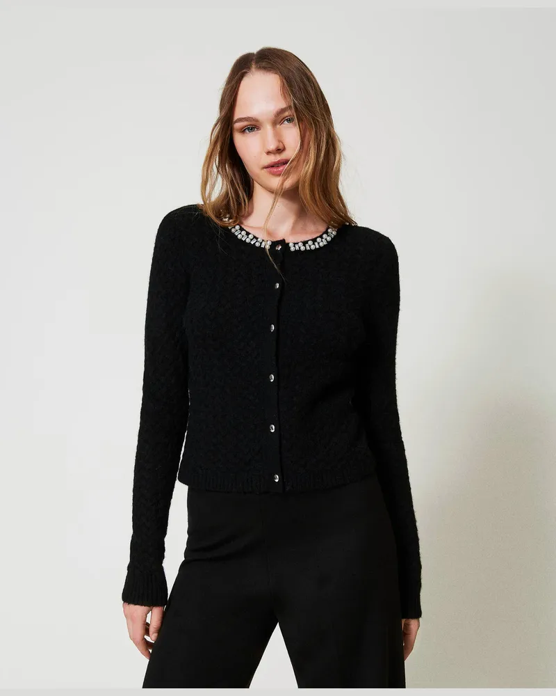 Twin-Set Cardigans - Cardigan aus Wollmischung mit Stickerei, Schwarz, Wolle, Größe: M 