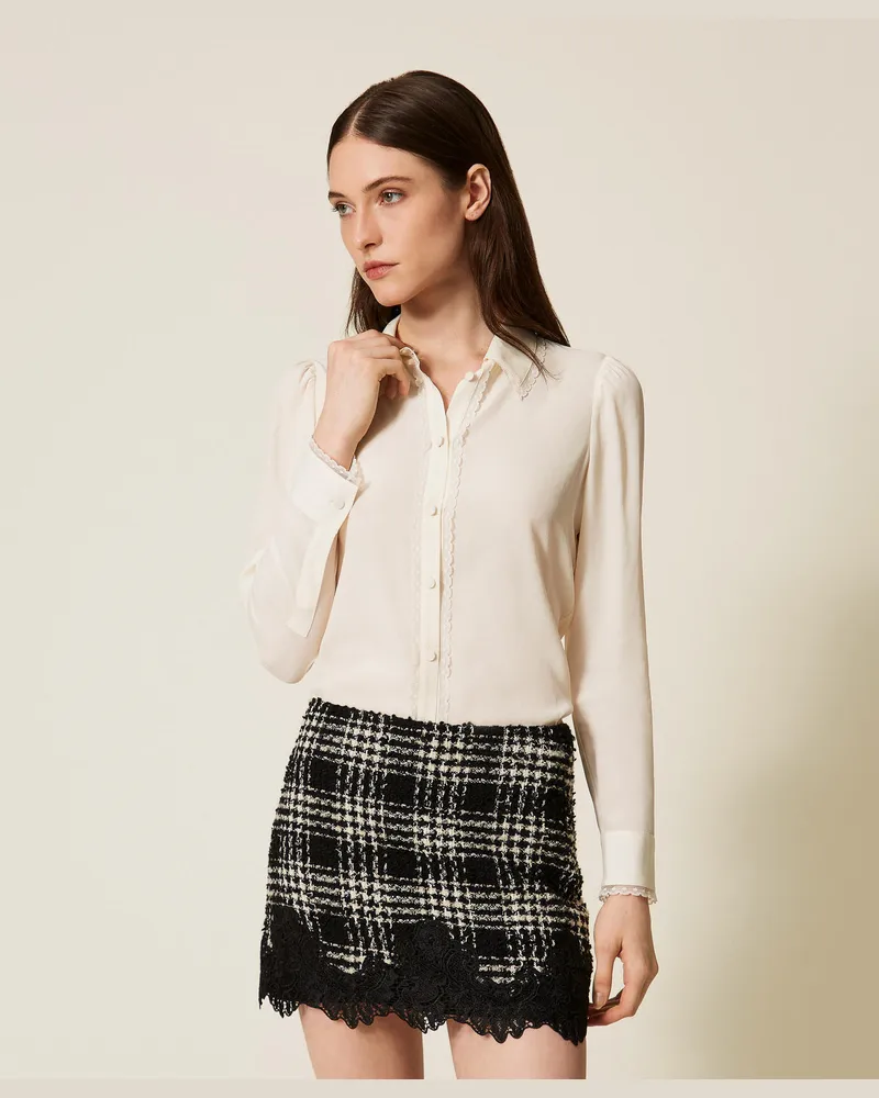 Twin-Set Hemden - Hemdbluse aus Crêpe de Chine aus Seidenmischung, Weiß Schnee, Größe Weiß
