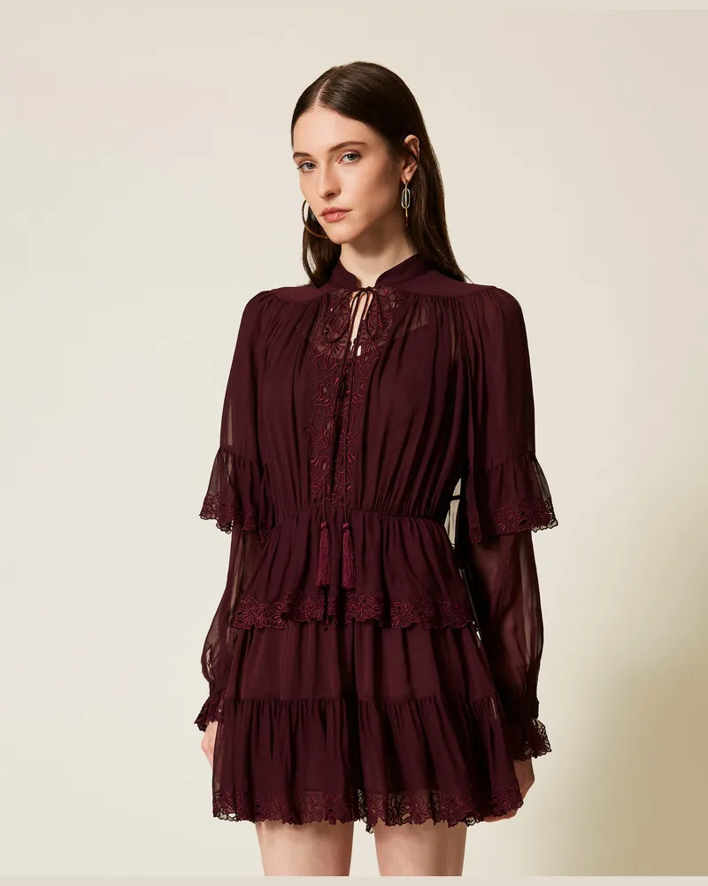 Twin-Set Kleider - Kurzes Kleid aus Georgette mit Stickerei, „Winetasting"-Violett, Größe „winetasting“-violett