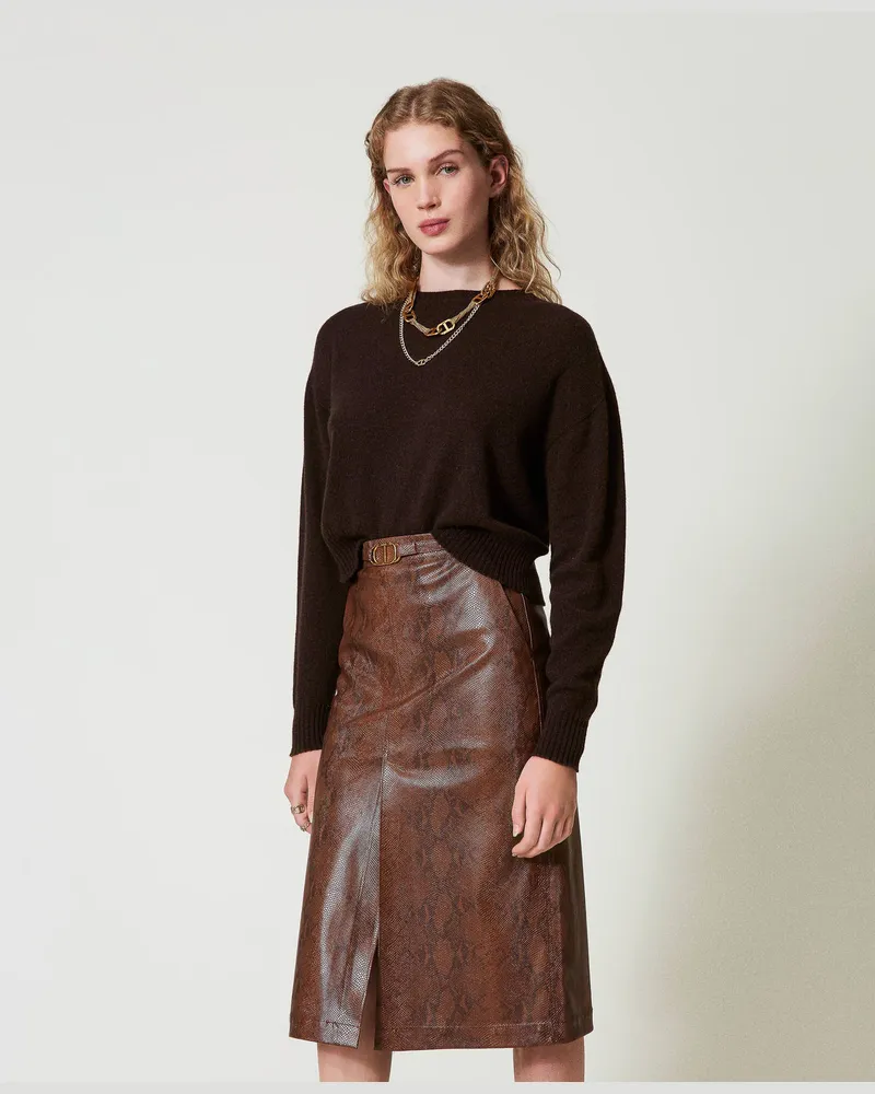 Twin-Set Röcke - Midirock aus Eidechsenlederimitat, Eidechsenprint Kaffee / Schwarz, Lederoptik, Größe: 50 