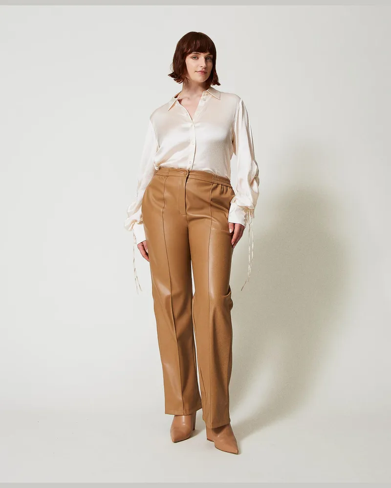 Twin-Set Hosen - Hose aus Lederimitat mit Gummizug, „Sandy Brown", Lederoptik, Größe „sandy