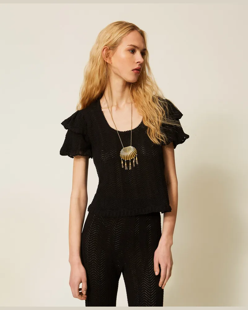 Twin-Set Figurbetonter Pullover mit Volant, Schwarz, Baumwolle, Größe Schwarz