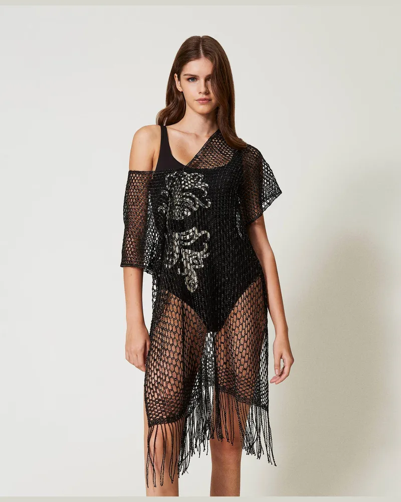Twin-Set Bademode - Poncho aus Lurex-Mesh mit Fransen, Schwarz, Einheitsgröße Schwarz