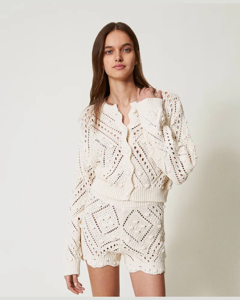 Twin-Set Cardigans - Strickcardigan aus Baumwollmischung mit Lochmuster, Light Natural, Baumwolle, Größe: XXL 