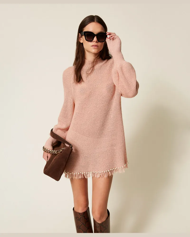 Twin-Set Stehkragenpullover mit Fransen und Perlen, Pink Dust, Größe Pink