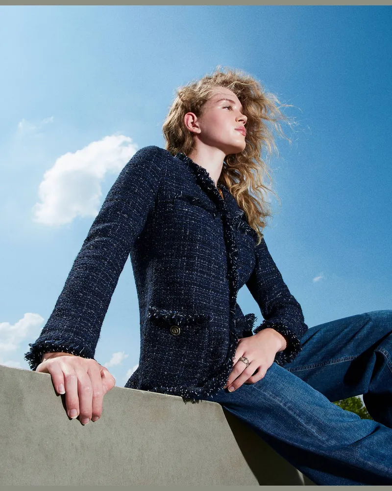 Twin-Set Jacken und Outerwear - Boucléjacke mit Logoknöpfen, Bouclé Denimblau / Schwarz, Größe Bouclé