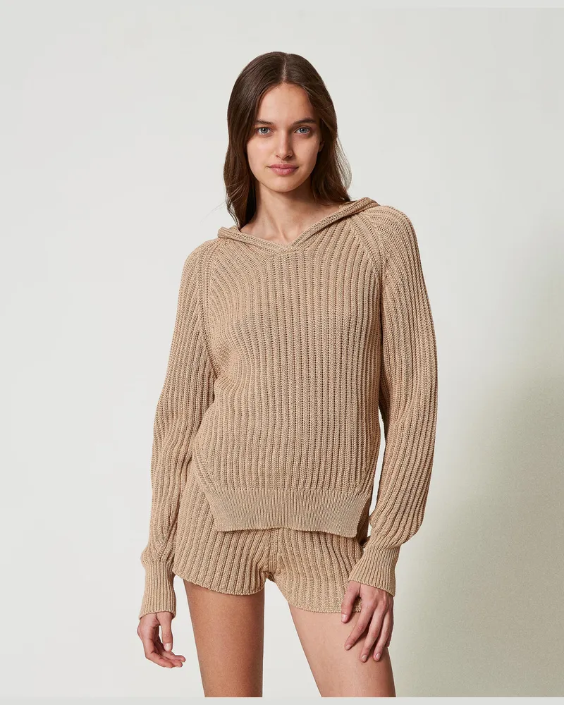 Twin-Set Gerippter Pullover mit Kapuze, "Rope"-Beige, dunkel, Baumwolle, Größe Rope-beige