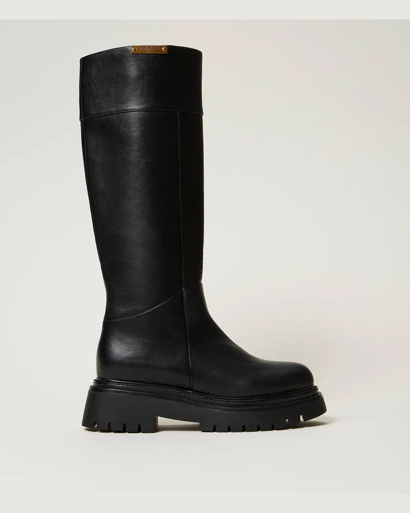 Twin-Set Schuhe - Hoher Stiefel mit Logoplakette, Schwarz, Größe Schwarz