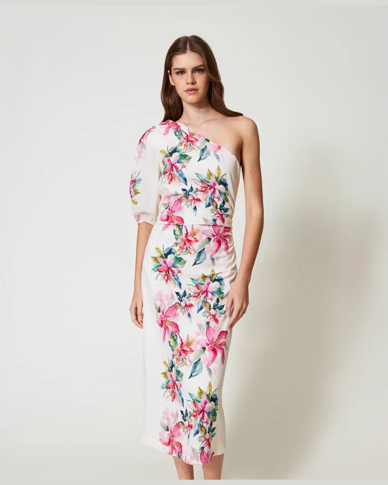 Twin-Set Bademode - Maxikleid aus Leinenmischung mit Blumenprint, Blumenprint Perlmutt / Multicolor, gestreift, Größe: XS 