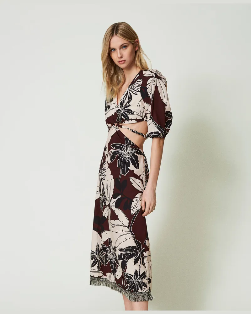 Twin-Set Bademode - Midikleid aus bedrucktem Popeline mit Cut-outs, Print Exotic „Bitter Chocolate"-Braun, Mit Blumen, Größe: M 